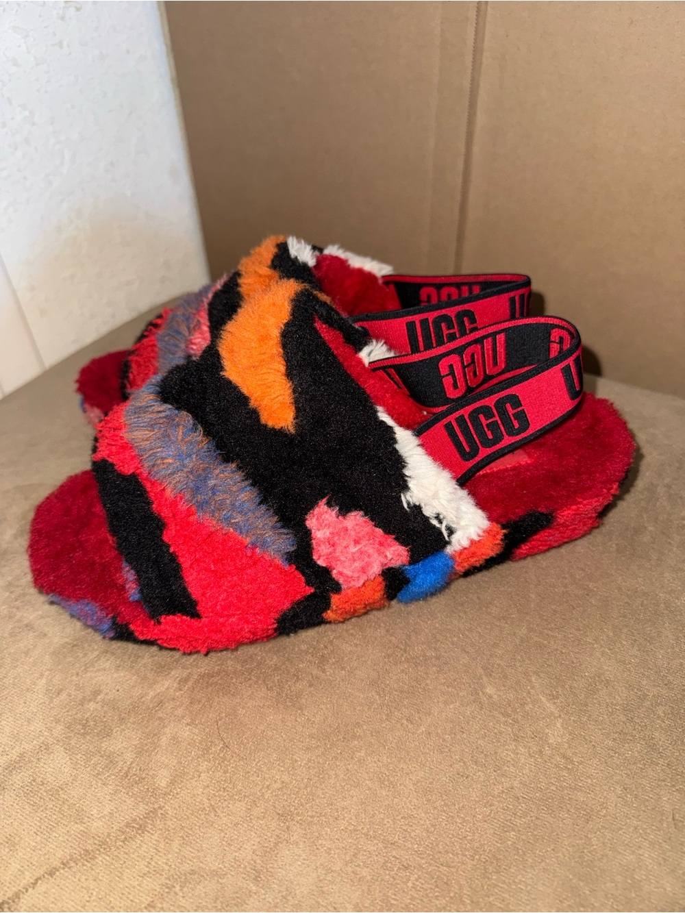 UGG Multicolor Shearling Slide Slippers - Red, Black & Orange